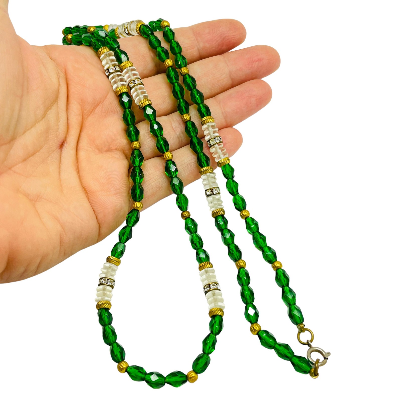Vintage gold emerald crystal beaded necklace