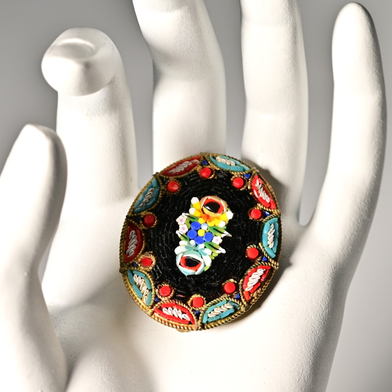 Antique Original Vintage Murano Glass Micro Mosaic Venetian Estate Brooch Pin