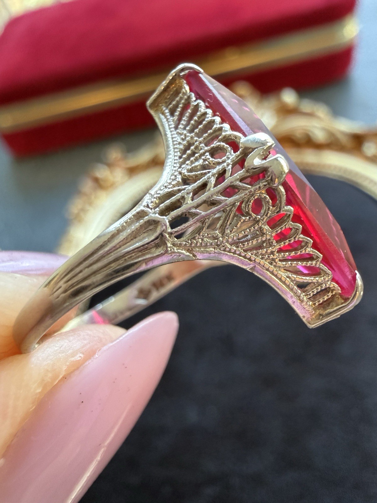 Antique Art Deco 14k White Gold Filigree Ring with a Kite Cut Ruby lab created