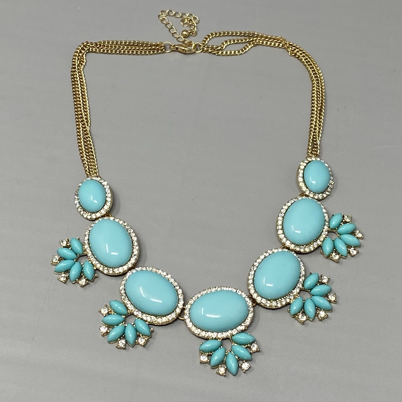 Chunky Statement Necklace Turquoise Cabochons Gold Tone Double Chain Collar 21″