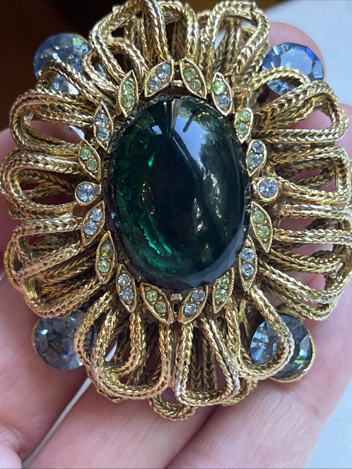 Vintage Capri Green Gripoix Glass Cabochon Blue Green Rhinestone Ornate Brooch