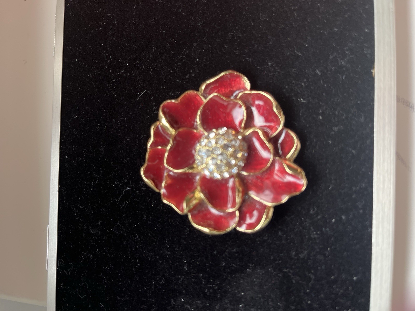 Vintage Monet Signed ENAMEL Red Poppy Flower Brooch-Pin Gold Tone & Rhinestones