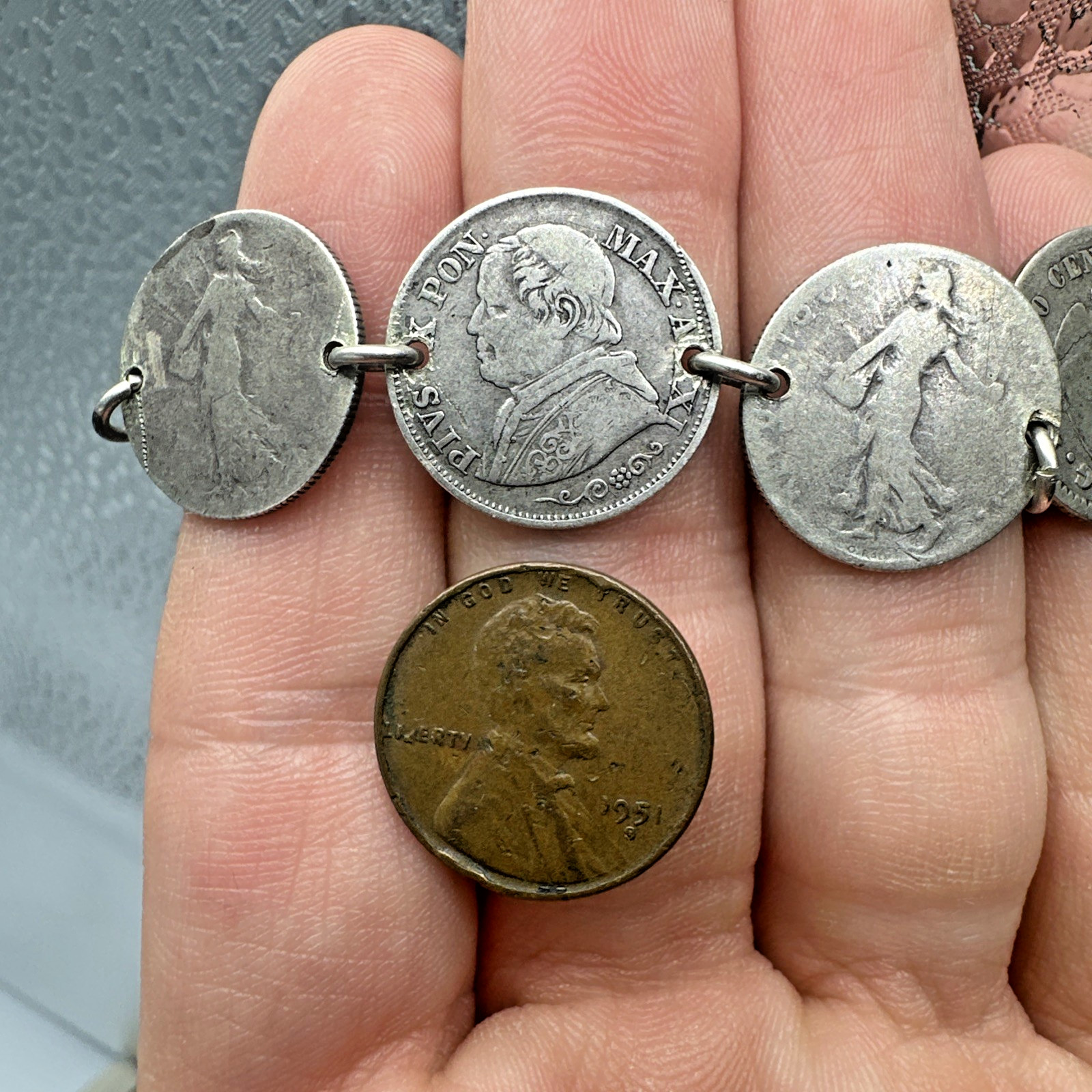 Antique Multinational Coin Link Silver Bracelet Years 1853 – 1903 19g Sz 6.25