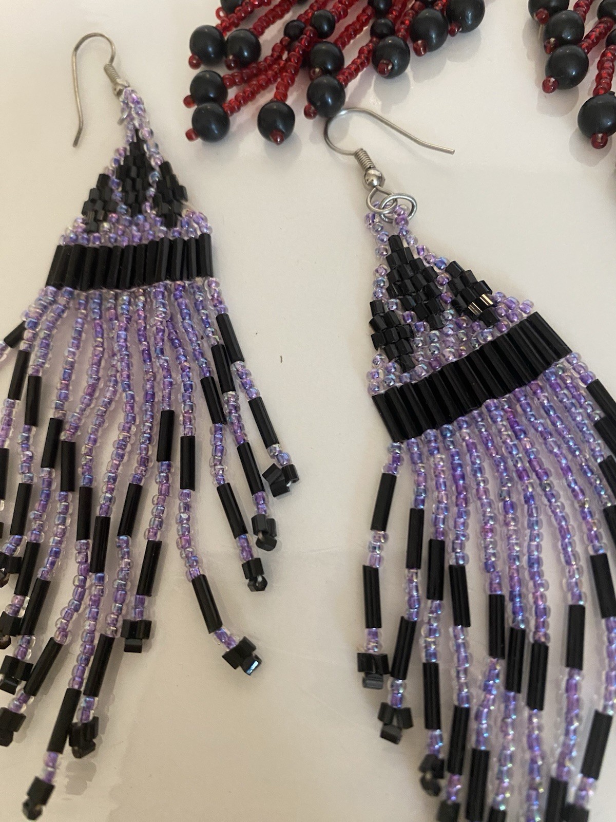 Vintage Earrings 2pr Red Purple Micro Beaded 4in Fringe Style for Pierced Ears
