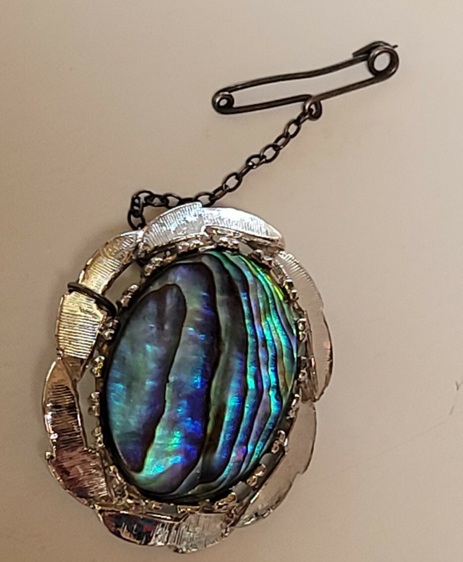 Vintage NZ 35mm Silver Tone Textured Paua Abalone Shell Brooch Pin 10 Grams