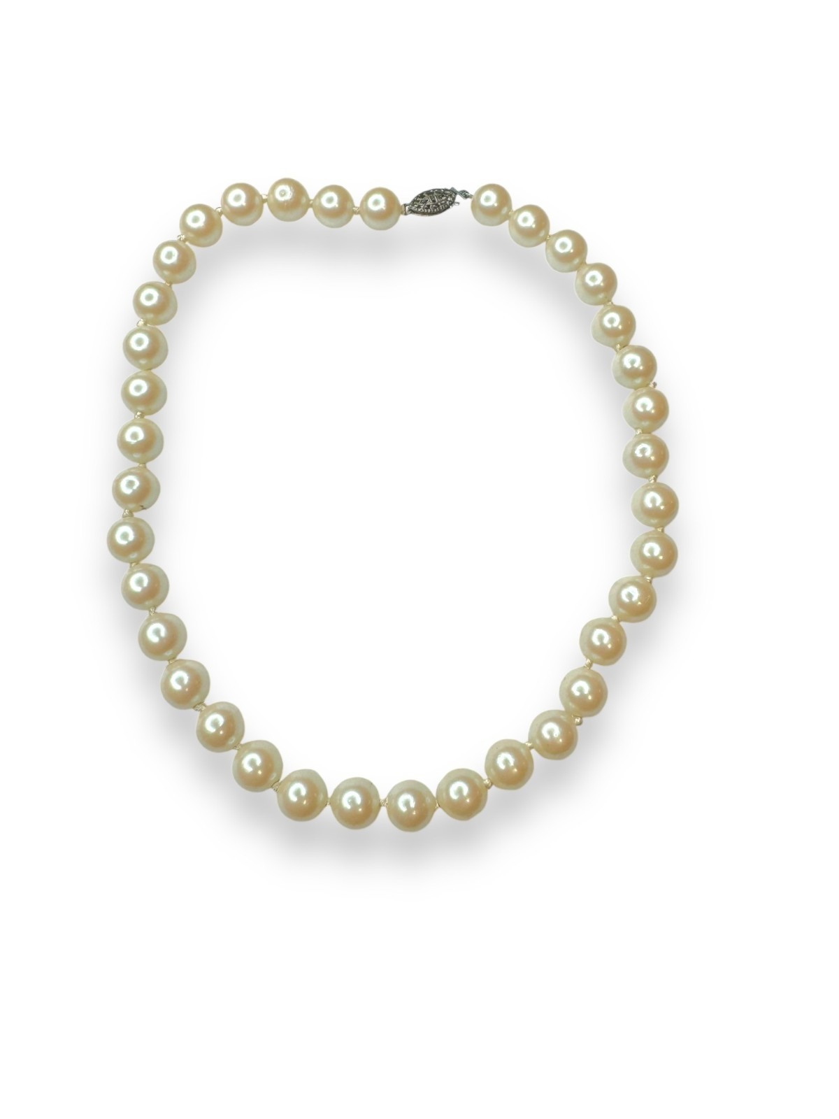 Faux Pearl Necklace Sterling Silver Fish Hook Clasp Vintage 16″