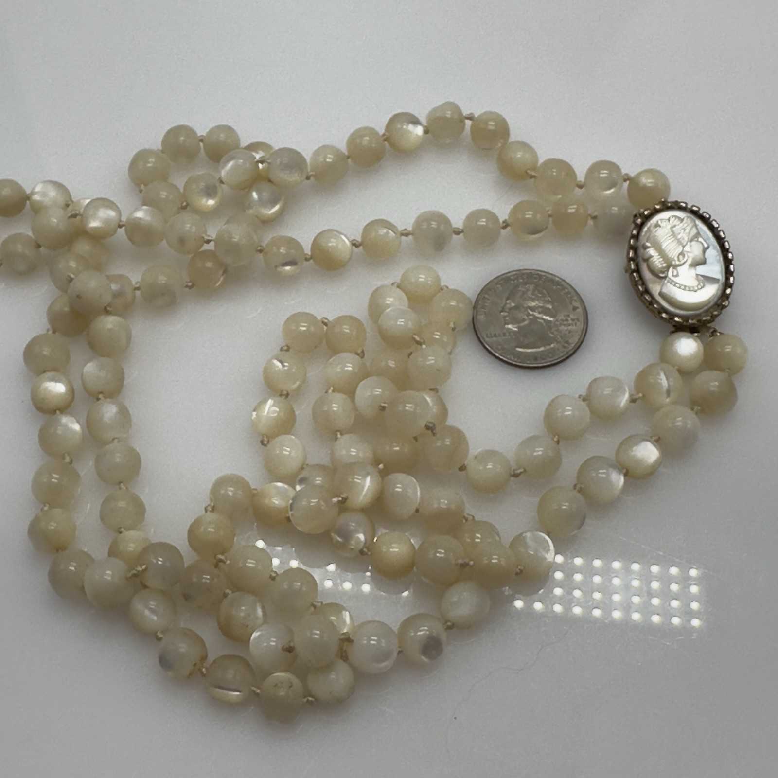 Vintage Mother of Pearl Cameo Clasp MOP Beaded Necklace Double Strand 8mm