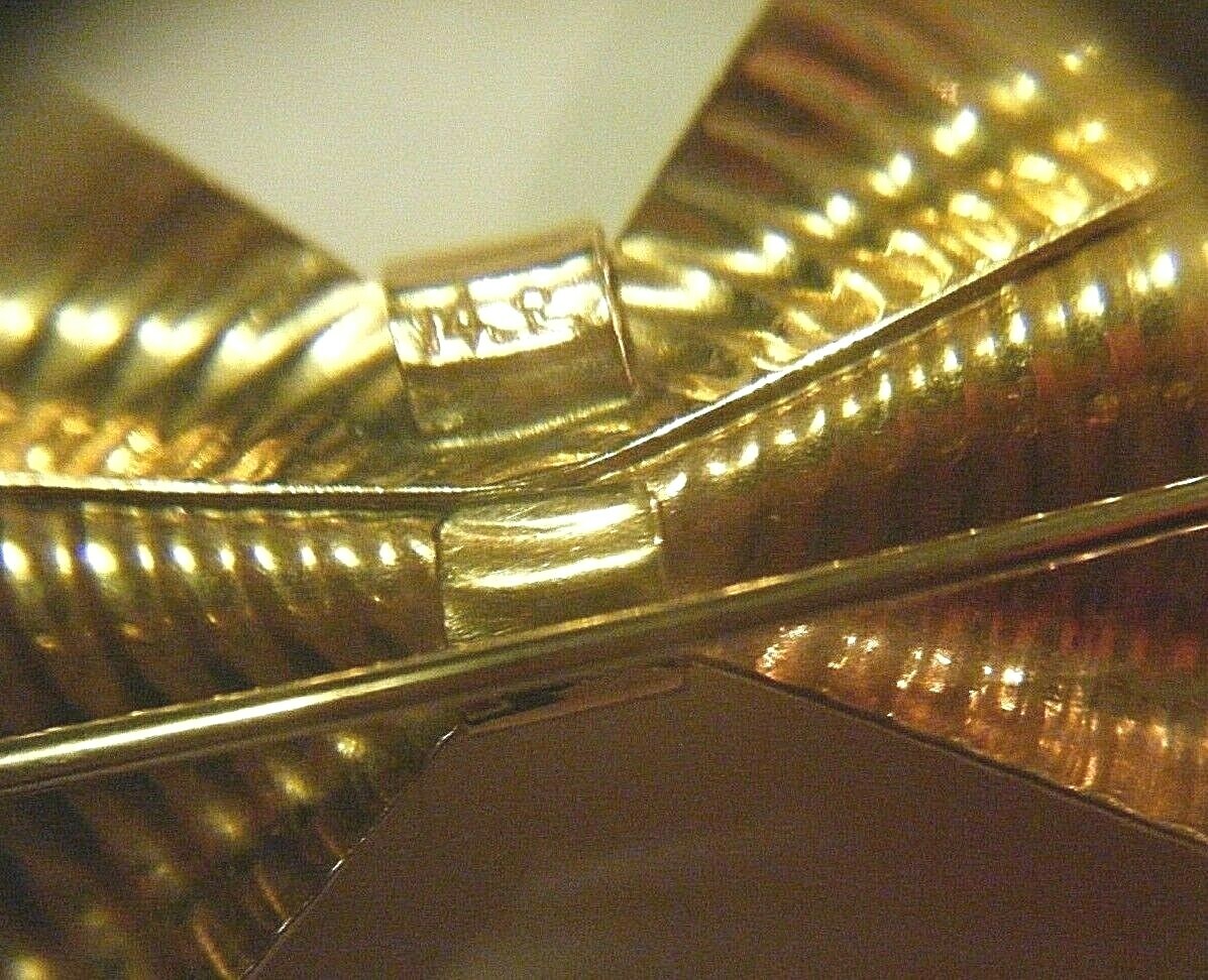 Vintage Ribbed Design Solid 14K Yellow Gold 40mm 3D Bow Pin 5.3g