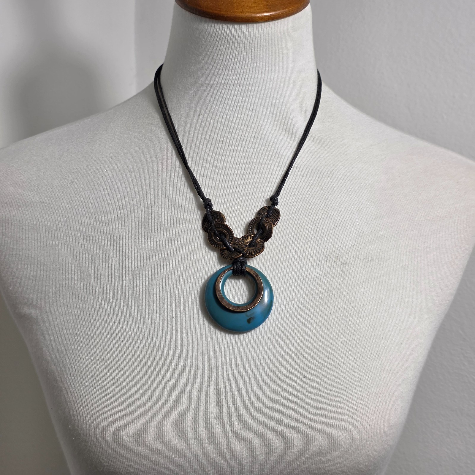 Coldwater Creek Multi-Layered Pendant Necklace Teal Resin Ring Bronze Discs