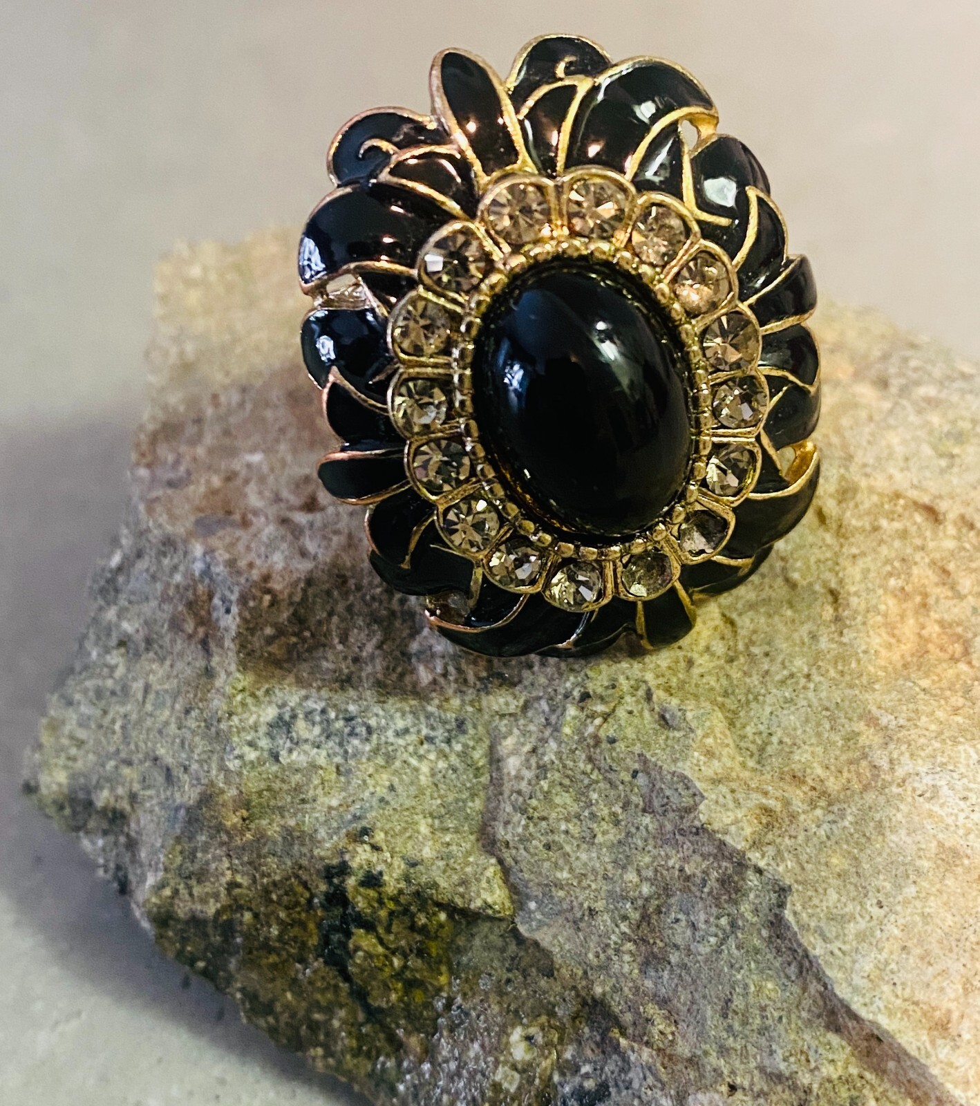 Vintage Robert Allison Black Enamel Stretch Band Ring with Rhinestones