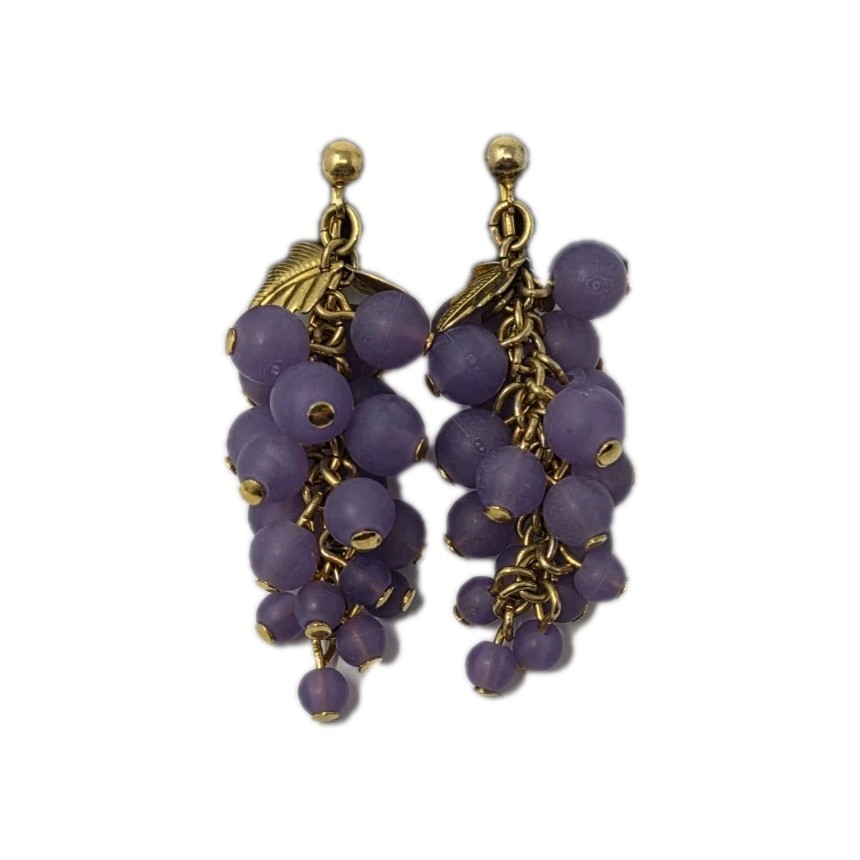Three Pairs Purple Vintage Clip-on Earrings Grapes Bunch Dangles Hoops Enamel