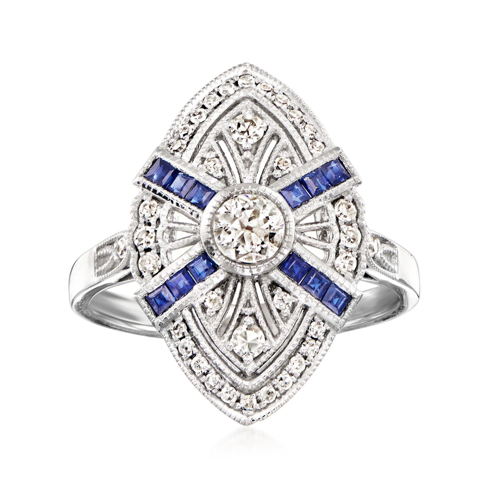 Vint Diamond & Sapphire Navette Rng in Platinum Size 6.25