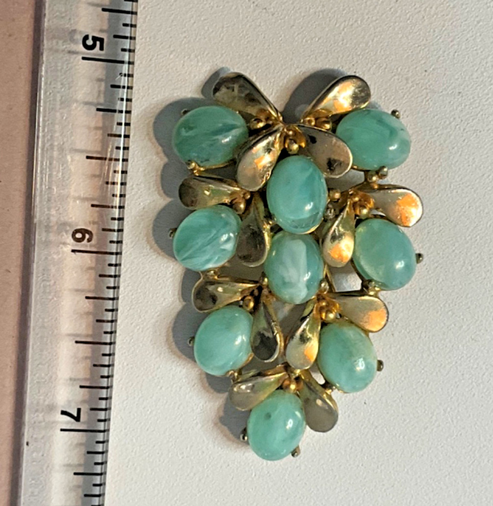 Vintage Aqua Glass Cabochons Gold Tone Leaves Brooch Pin Approximately 2 inches