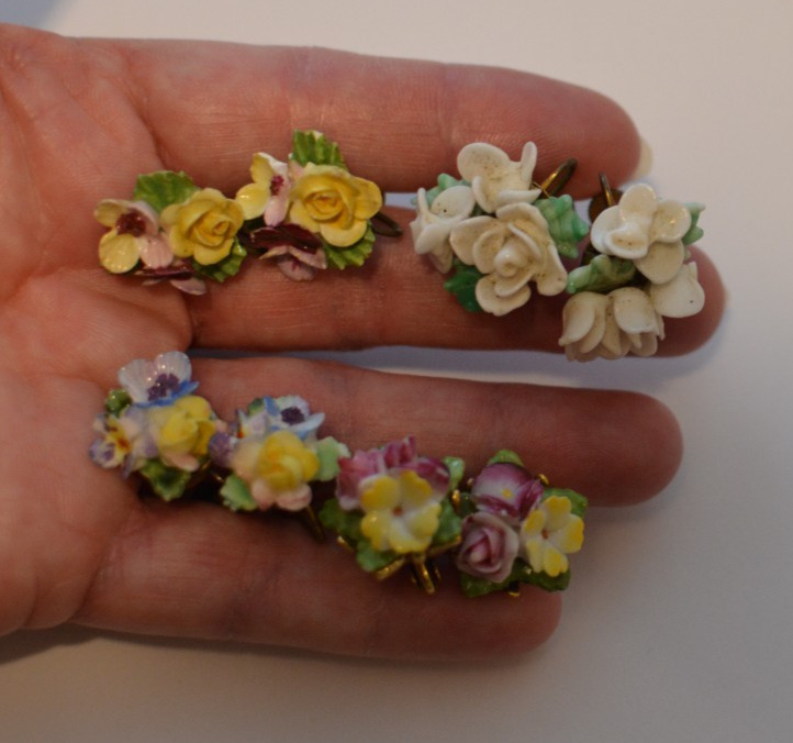 Vintage lot Denton and Staffordshire England Bone China brooches/earrings, as is