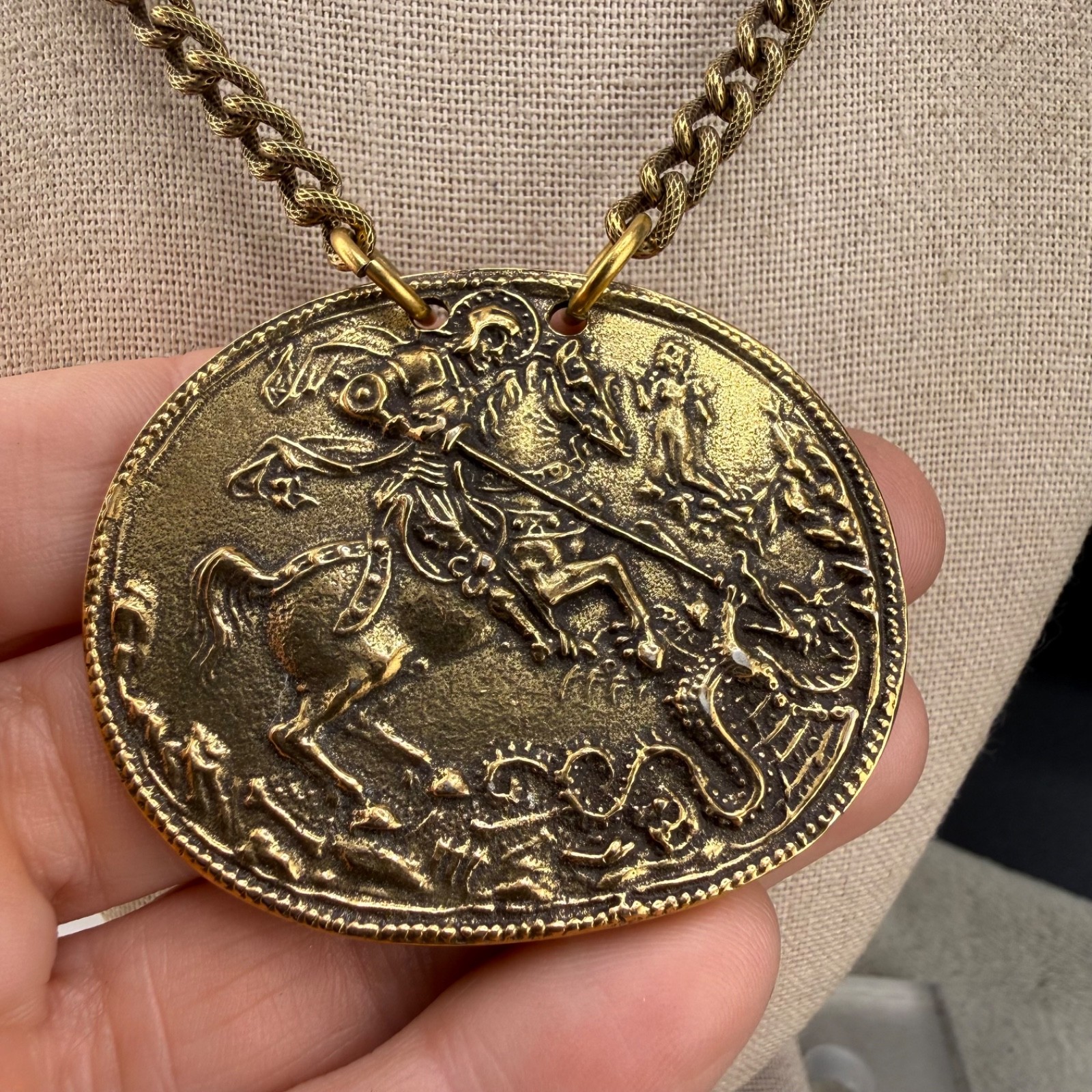 Vintage Alva Museum Replica Necklace Gold Tone “St George Slaying the Dragon” 24