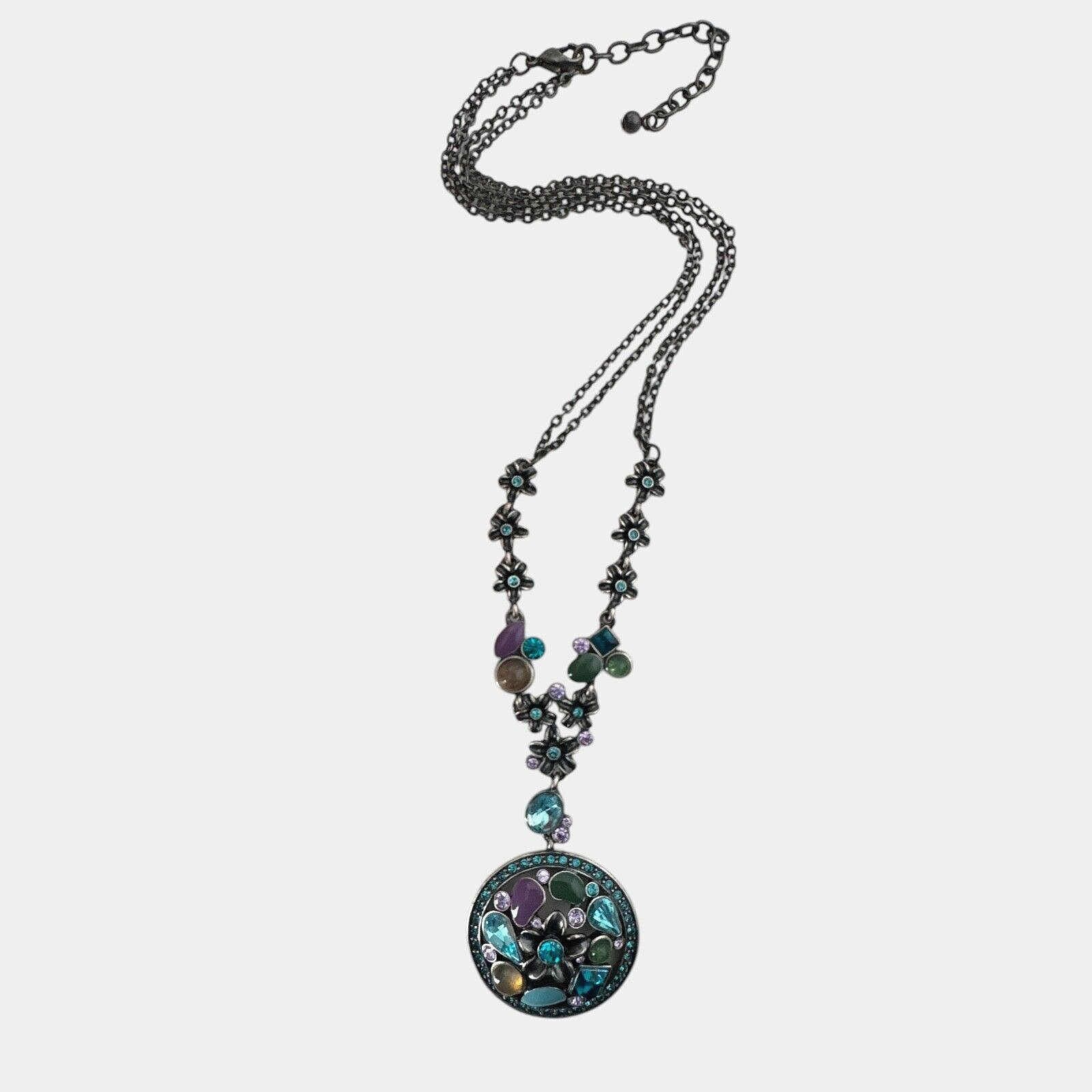 Floral Purple Blue Rhinestone Enamel Pendant Necklace / Earring Set ~Silver Tone