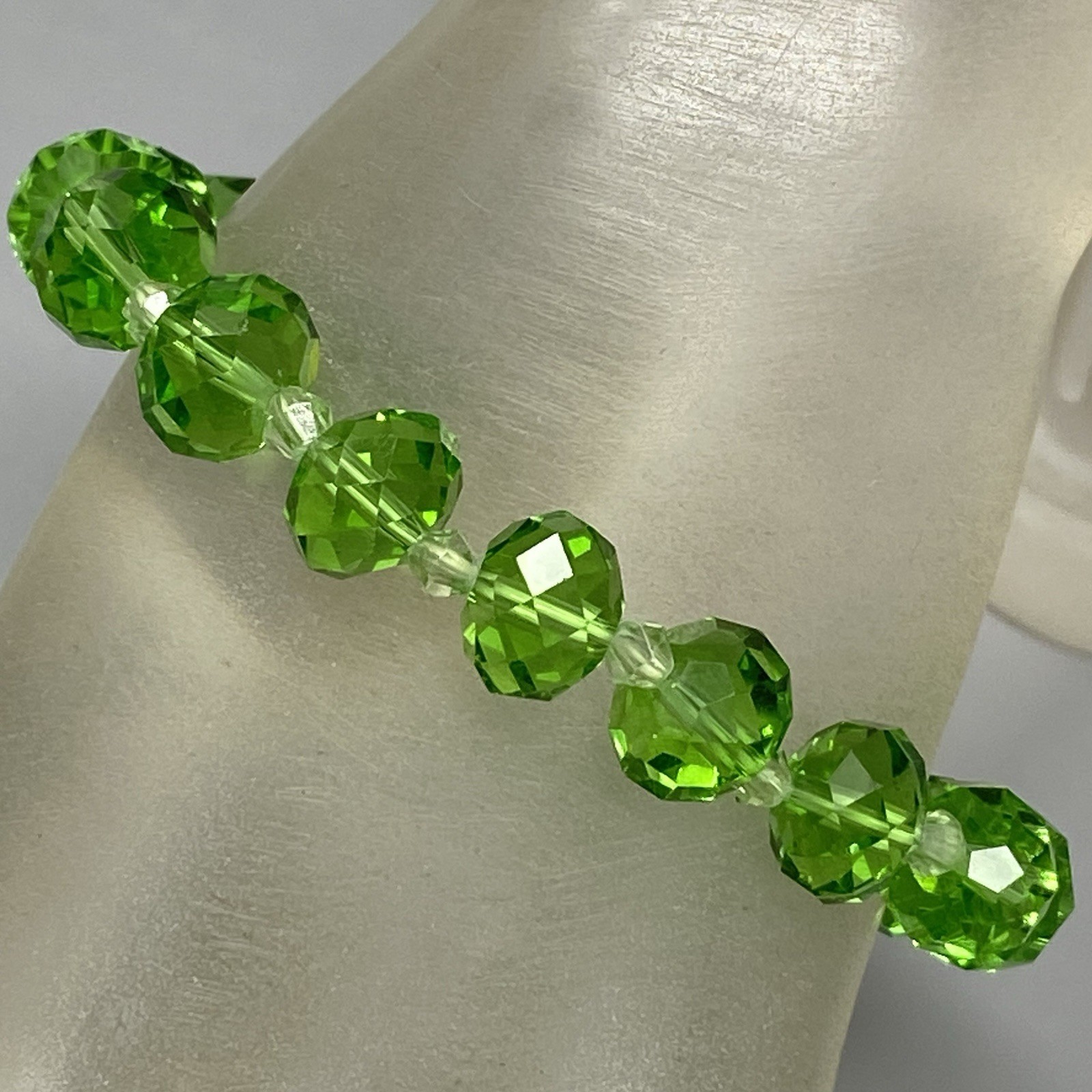 Green Glass Beaded Bracelet Stretch Elastic Faceted Transparent Bicone Spacer 7″