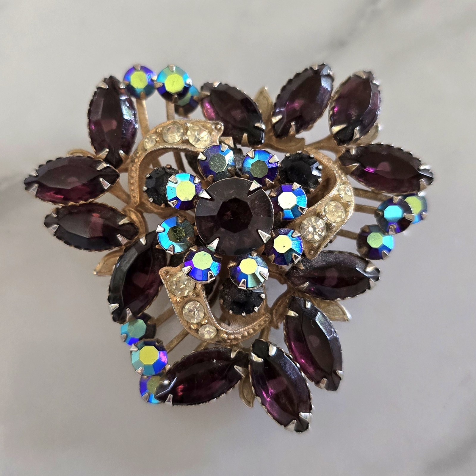 Vintage Purple And AB Blue Rhinestone Brooch