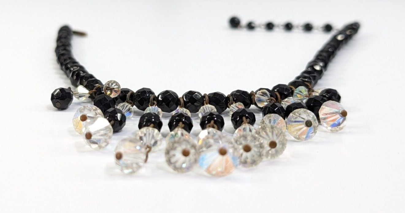 Vintage Black Glass Faceted AB Crystal Fringe Beaded Bib Statement Necklace
