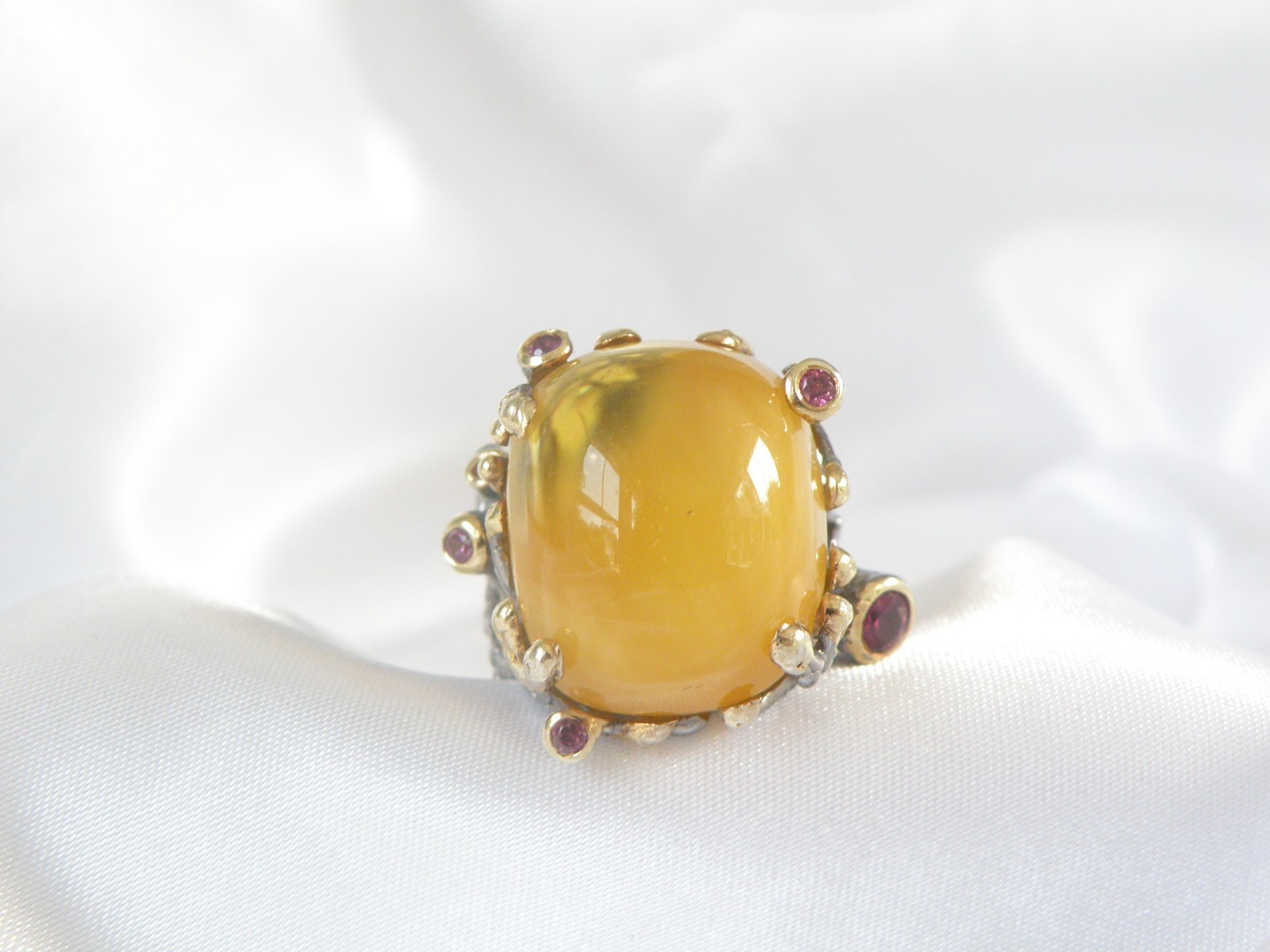 Brutalist Sterling Silver 925 Huge Butterscotch Amber Modern Statement Ring 7.5