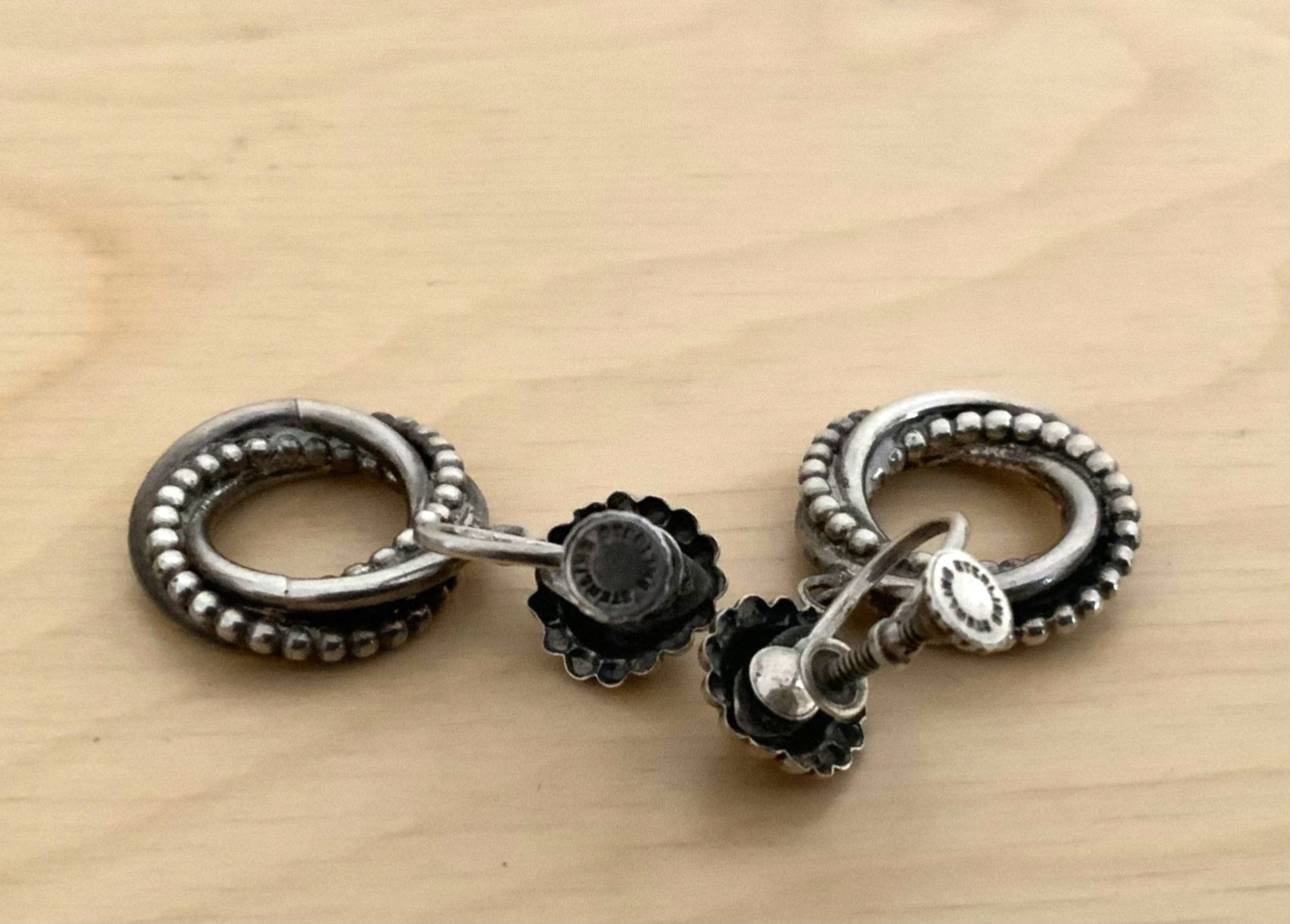 Vintage Sterling Silver Love Knot Dangle Screw Back Earrings Marked 1950s 60s