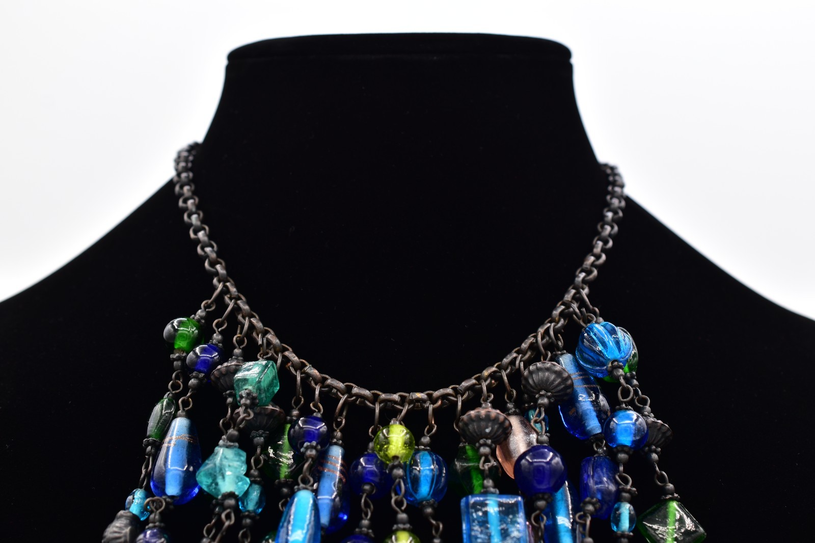 Vintage Glass Beaded Bib Collar Necklace Blue Green Fringe Gunmetal Chunky BinBQ