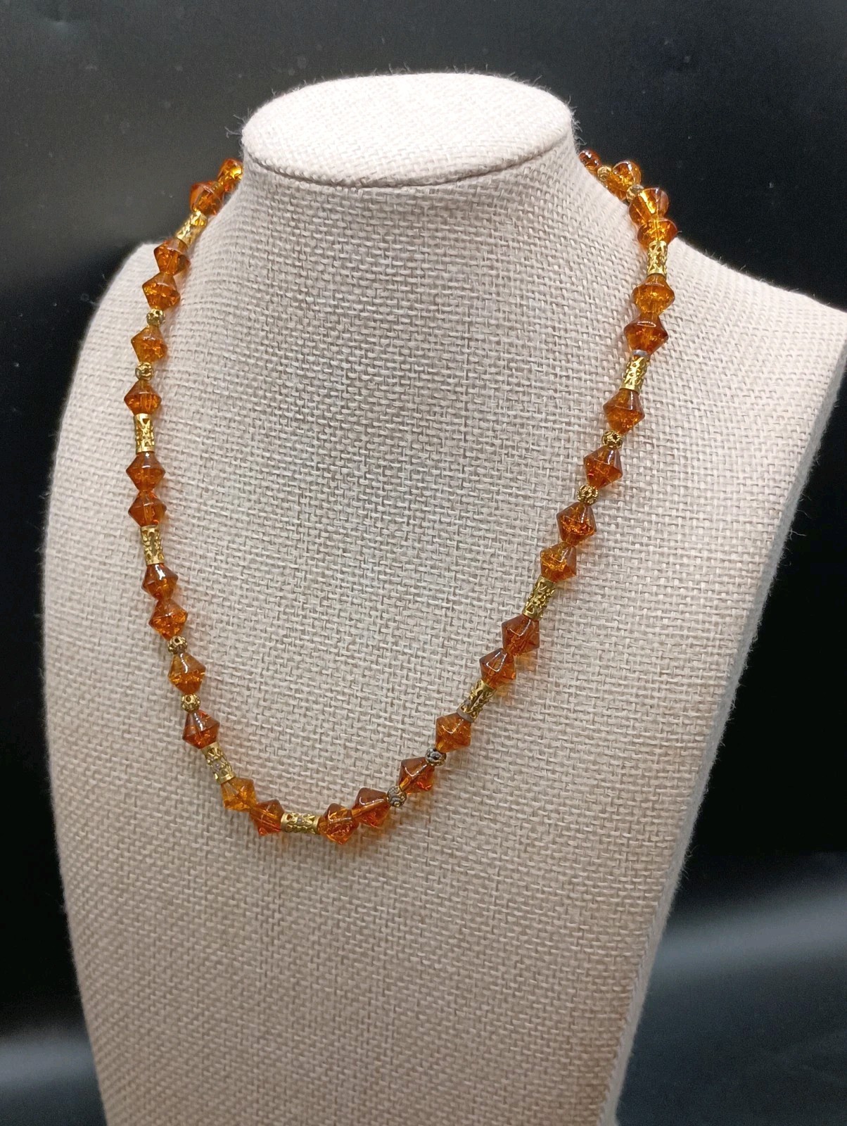 Vintage Orange Bicone Beaded Necklace Gold Tone Accents 22″