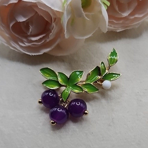 Vintage Blueberry Grape Enamel Brooch Pin Purple Green White Statement Fruit
