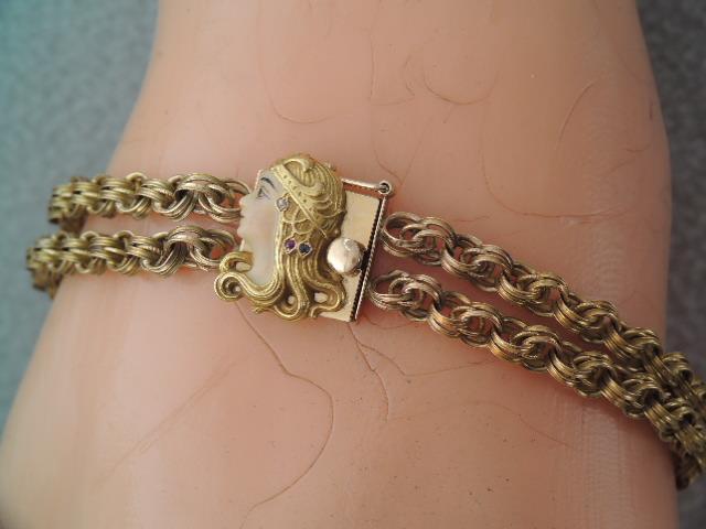 RARE ART NOUVEAU 14K GOLD ENAMEL JEWEL FACE DOUBLE CHAIN BRACELET 7 3/4 “