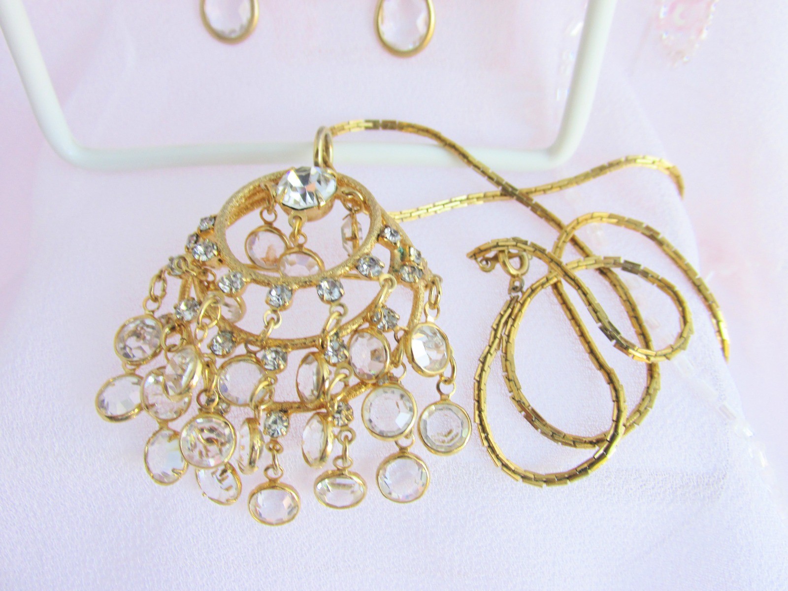Lia Sophia Kiam Collection “Crystal Chandelier” Matte GoldTone Earrings +Pendant