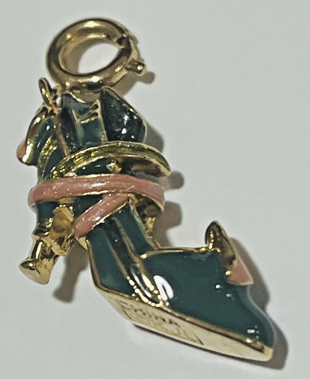 KJL Signed Dark Green Enamel with Pink Enamel Ribbon 1″ Heeled Shoe Charm