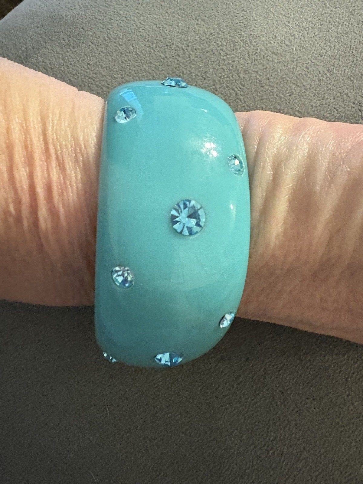 Vintage Light Teal And Rhinestone Lucite Clamper Bangle Cuff Bracelet