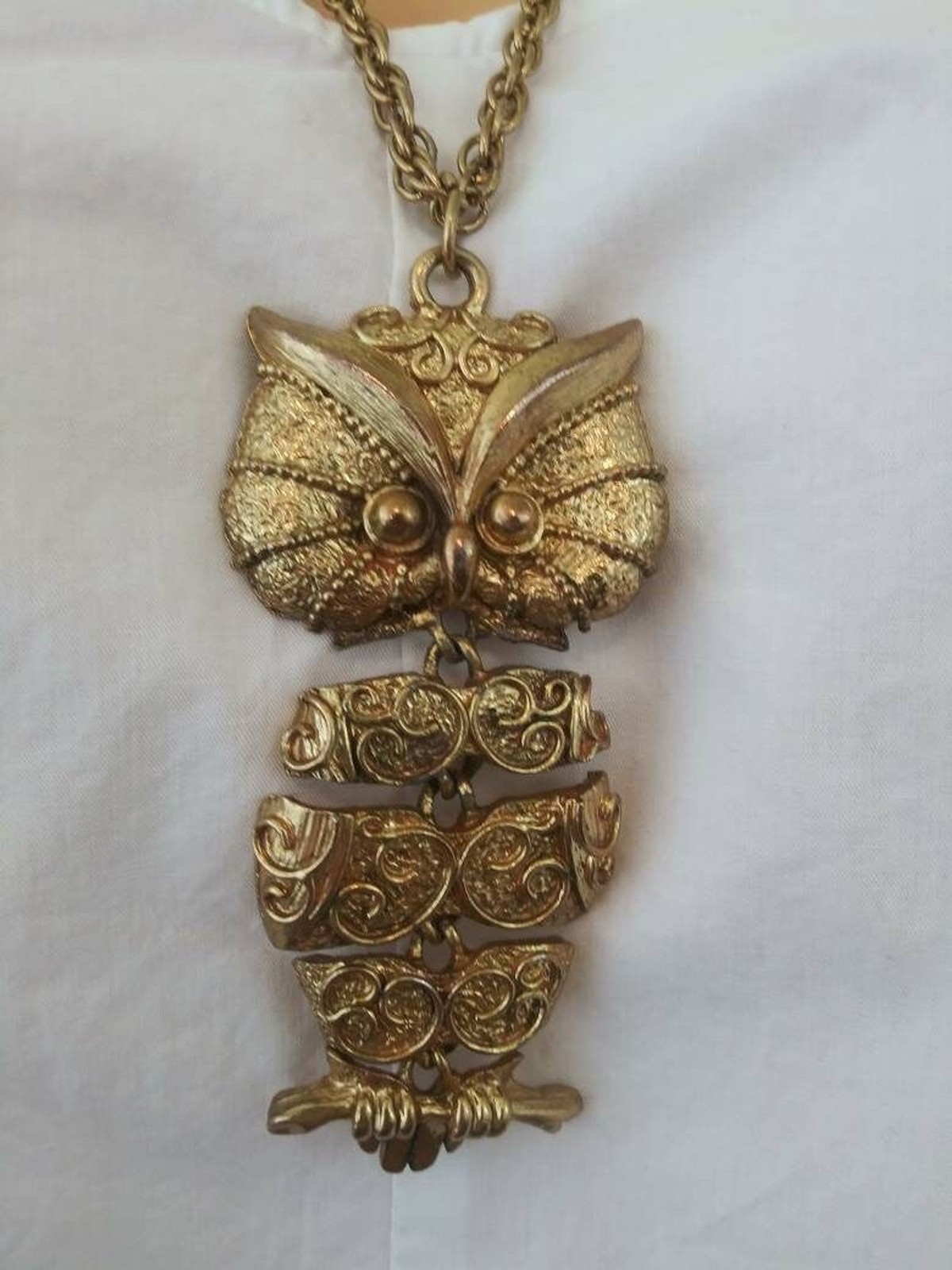 Vintage JJ 1970s articulated owl necklace / seventies chain link owl