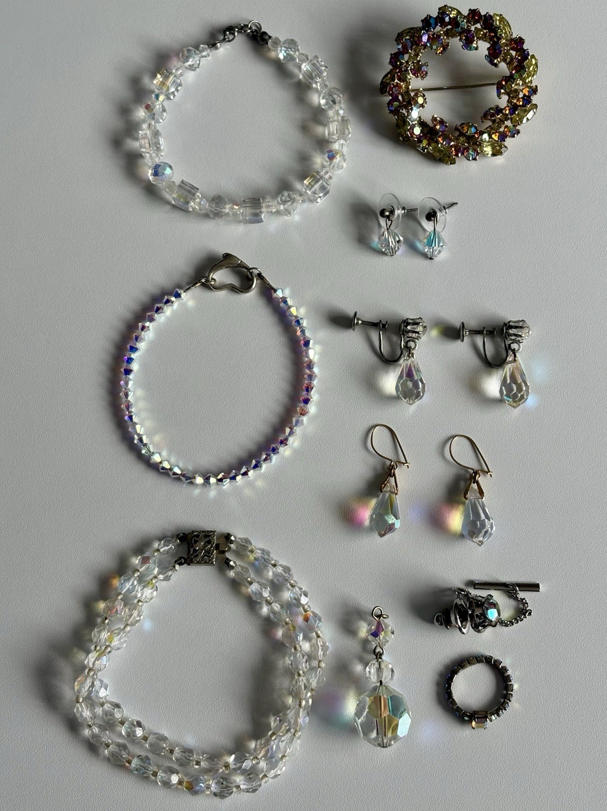 Vintage Crystal Aurora Borealis Necklace Bracelet Earrings Brooch Pin Ring Lot