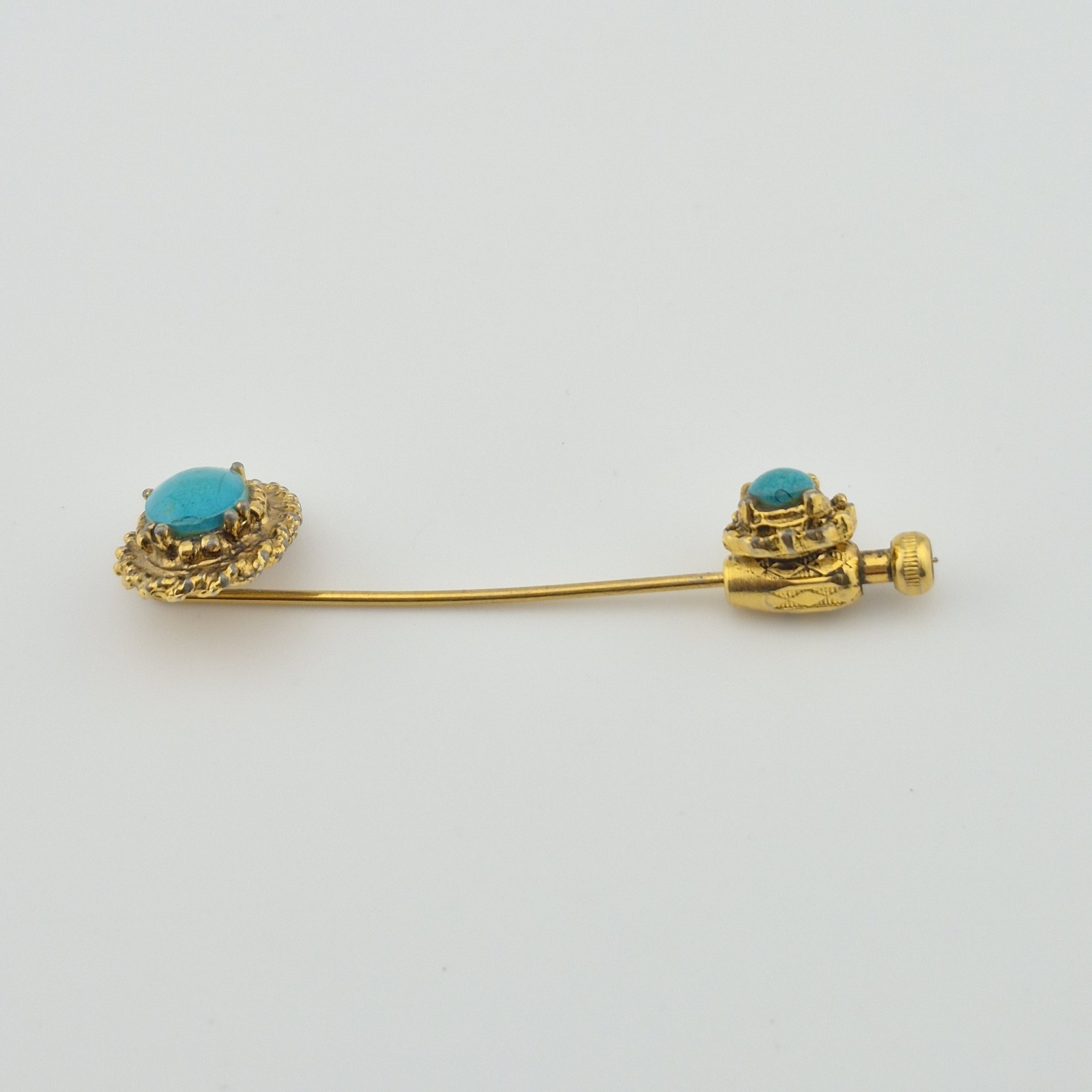 Vintage Ornate Gold Tone Turquoise Stick Pin Lapel Hat Pin with Safety Clutch