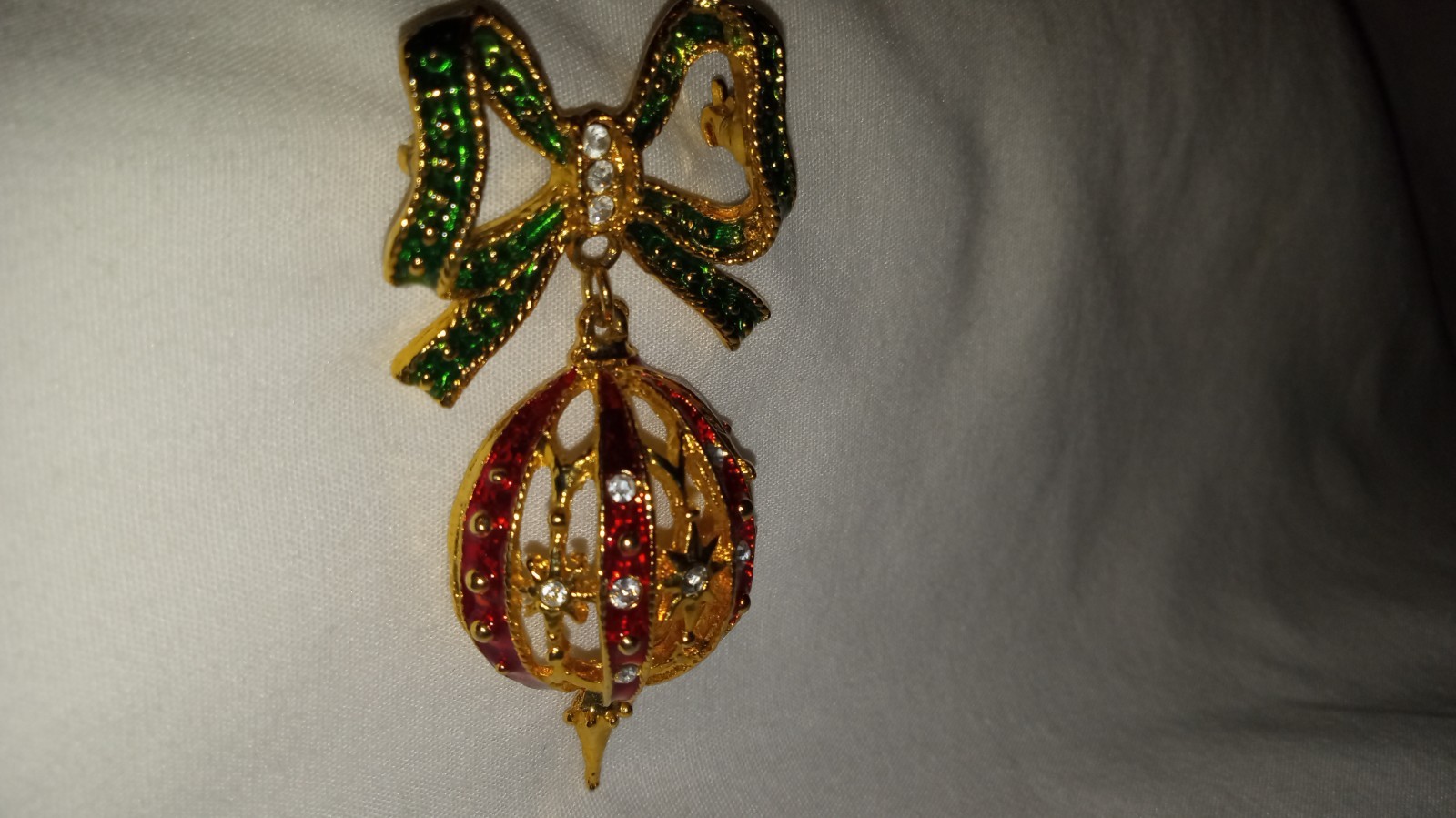 Gold Tone Green, Red Faux Diamond Christmas Ornament Pin 2 1/2 Inches