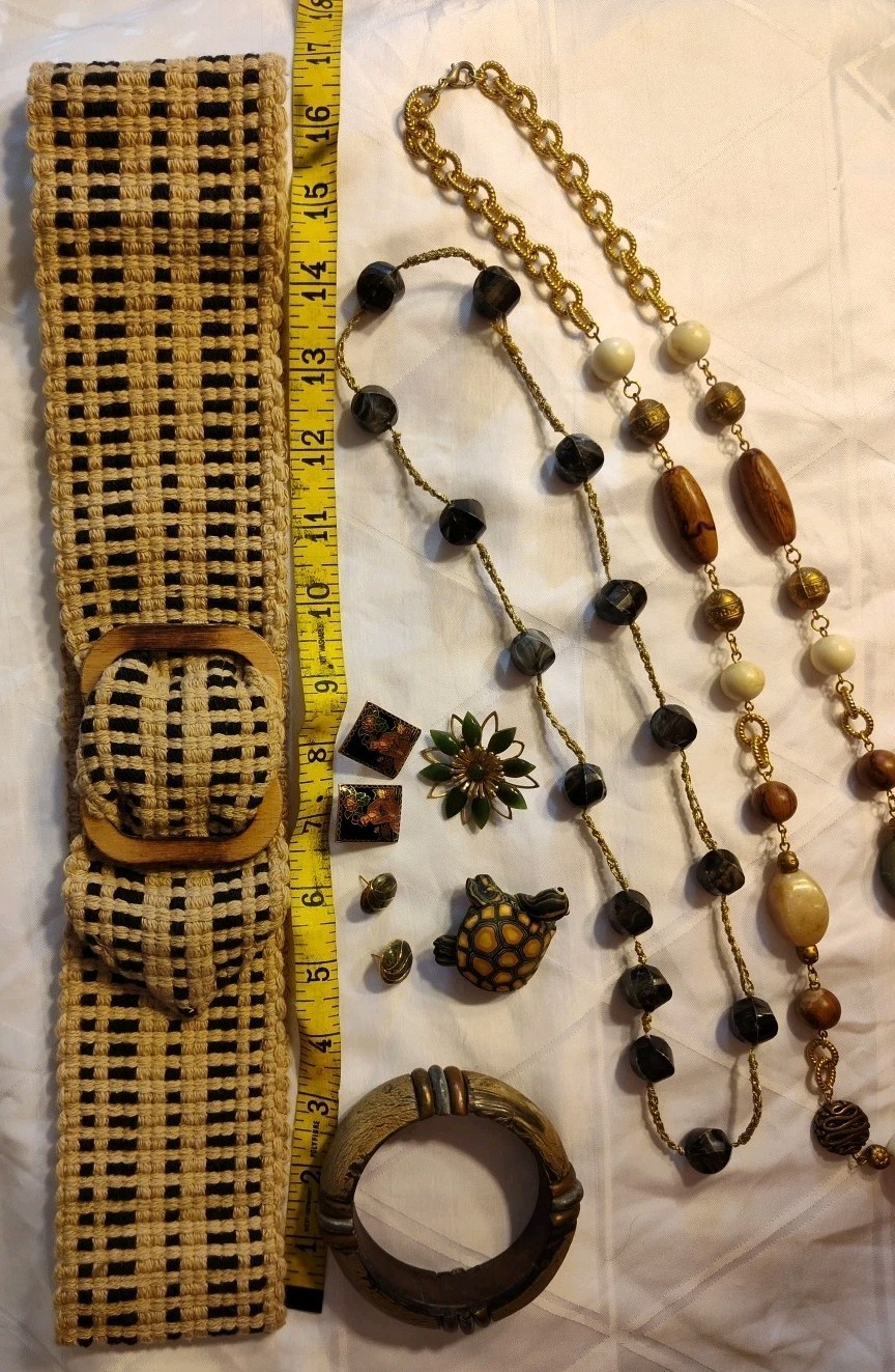 VTG Jewelry Bangle Belt Brooche Necklace Clip-On Earring Earthtones Beads LOT 10