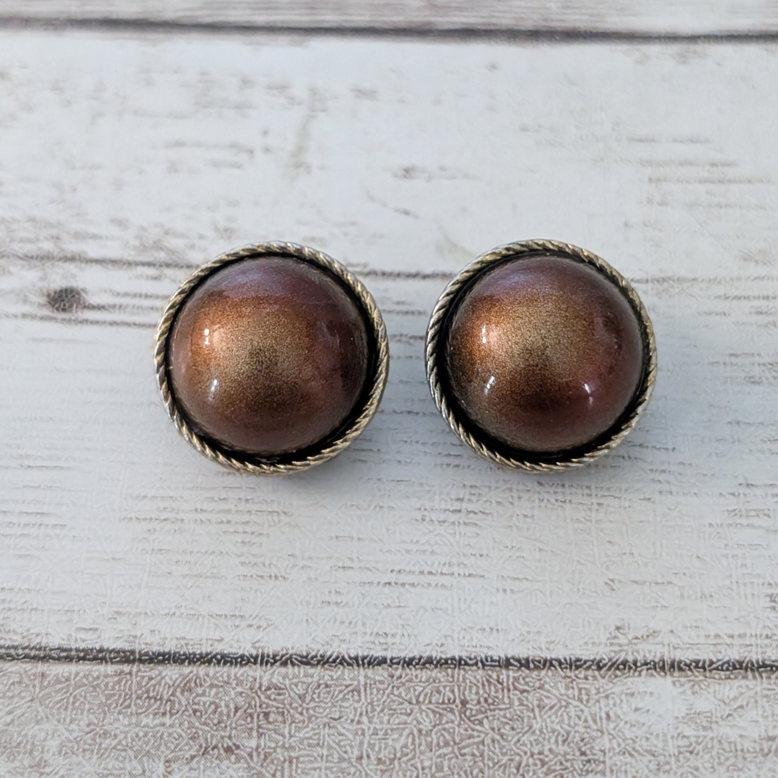 Vintage Clip On Earrings Domed Metallic Brown with Gold Tone Halo