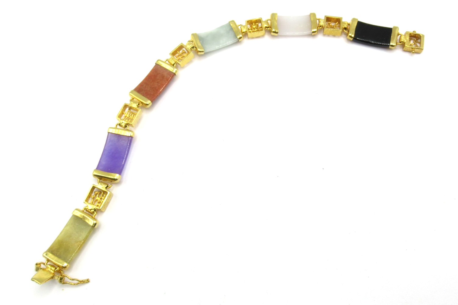 Asian Dyed Multi-Color Jade Jadeite Vintage Bracelet Writing Symbols 7.25″
