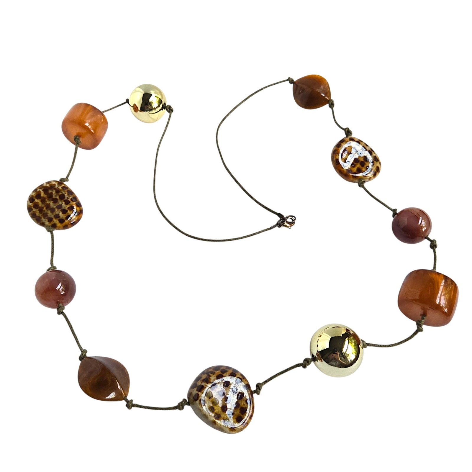 Chunky Earth Tone Ceramic & Marbled Acrylic Knotted Beads Long Necklace Boho 38″
