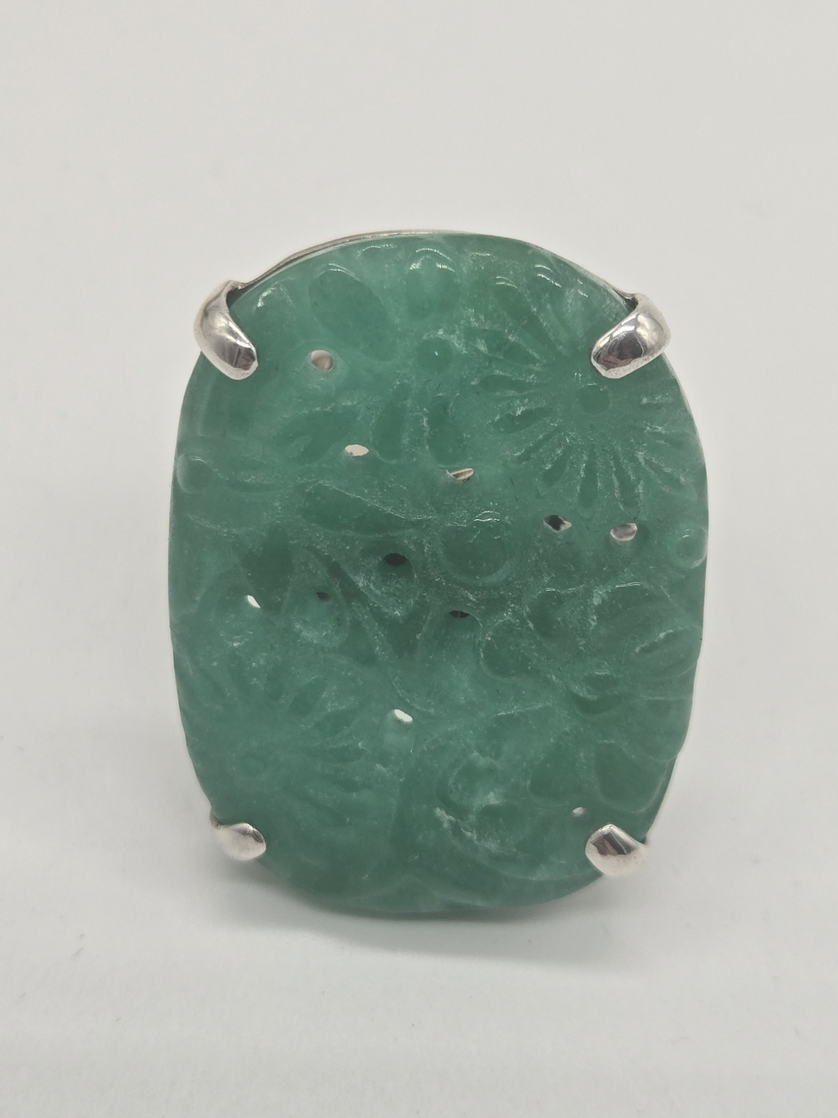 Vintage Amy Kahn Russell AKR 925 Sterling Silver Carved Green Jade Ring Size 9