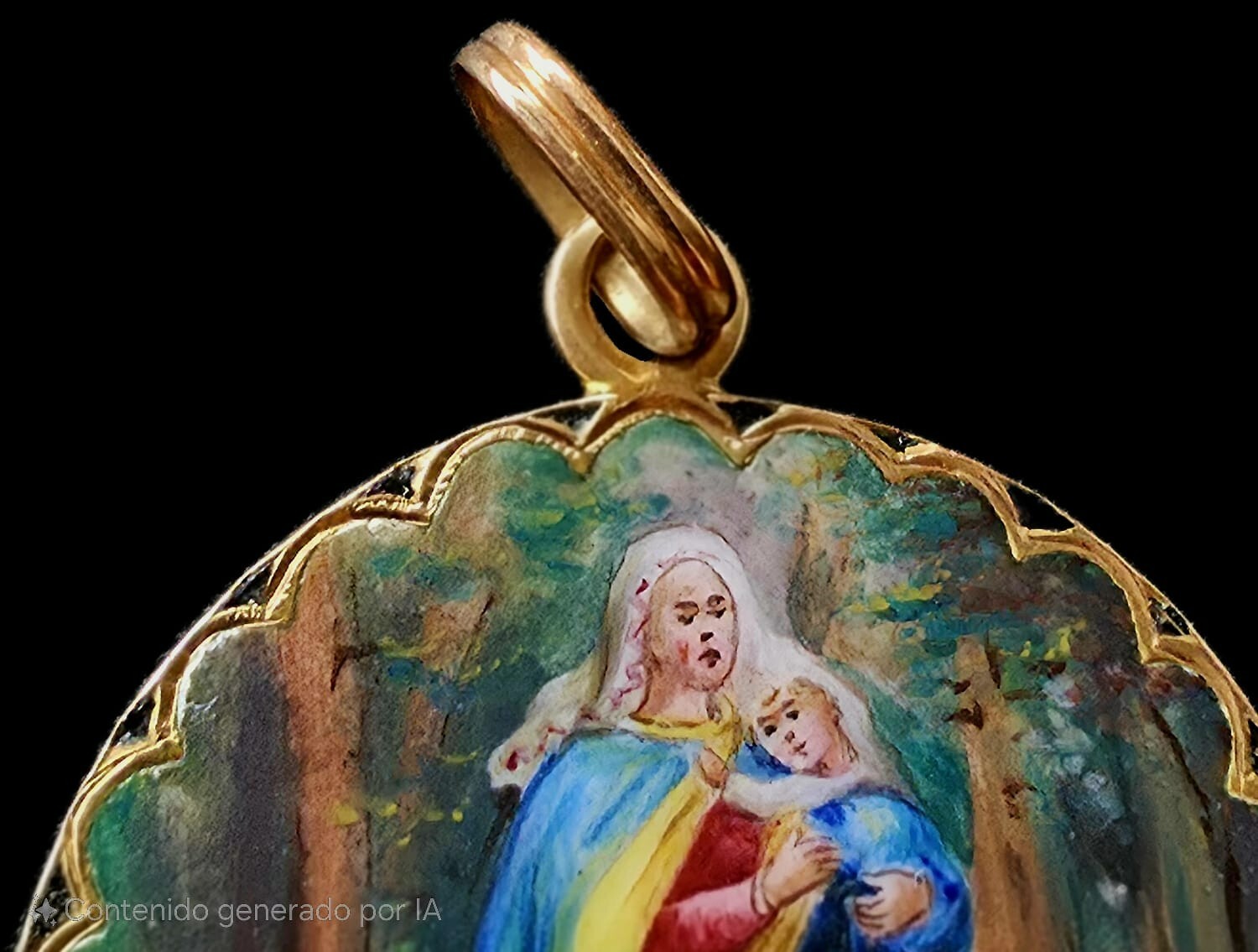 Fine Antique European Art Nouveau 18K Gold Enamel Madonna Medal Pendant Ca 1900