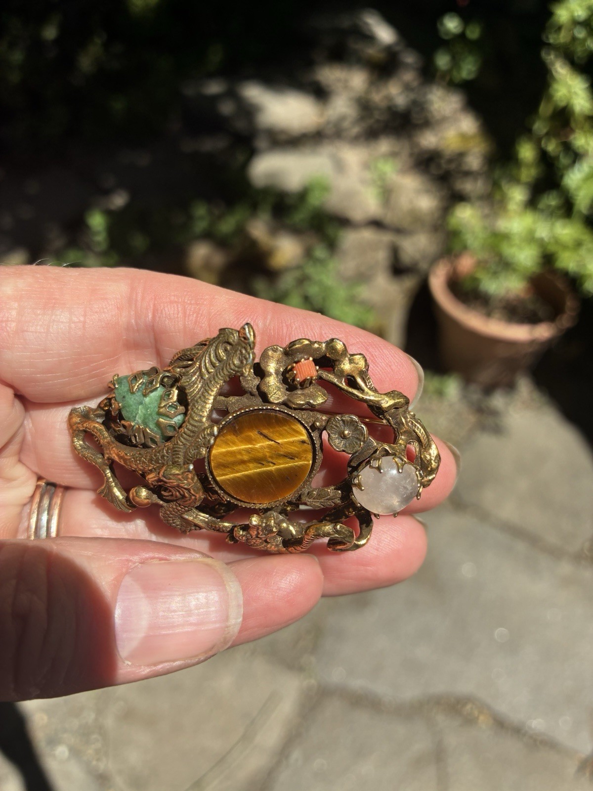Vintage 3 Dragon Brooch Semiprecious Stones Asian