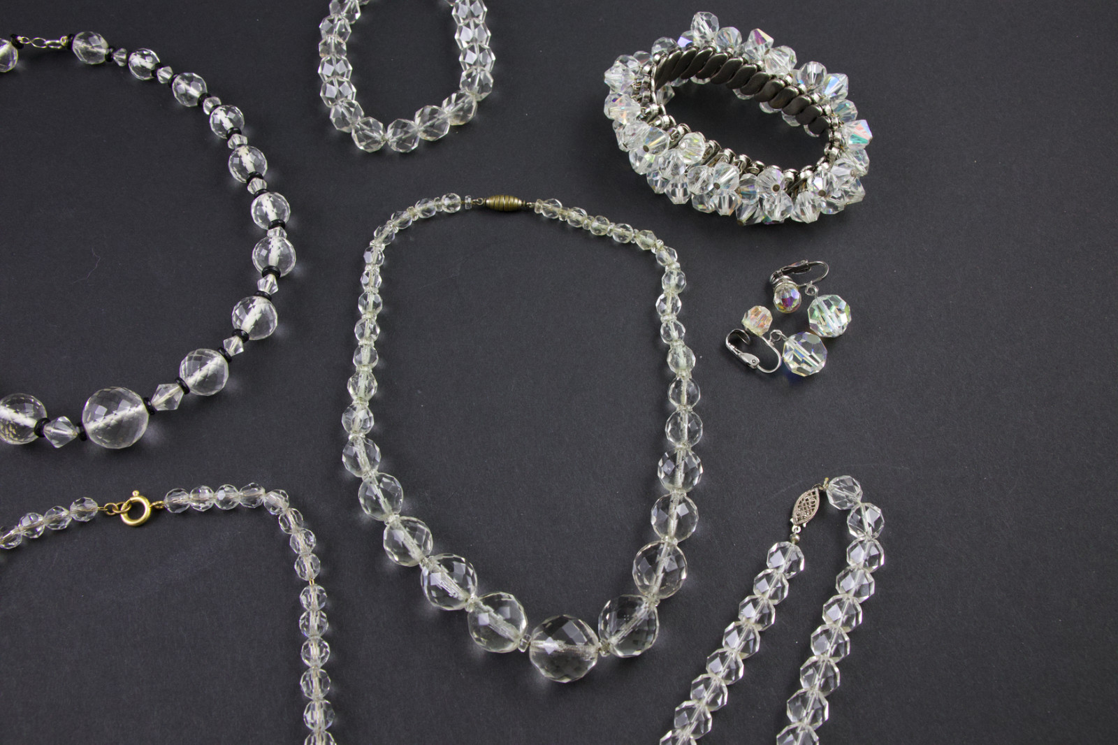 10 Vintage Wearable Faceted Rock Crystal & AB Jewelry Mix Lot Necklace Bracelet