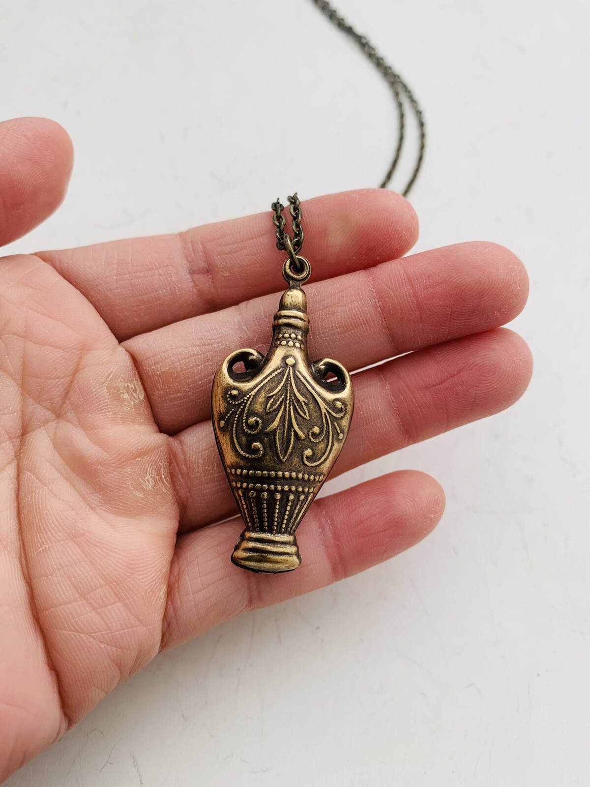 Vintage Style Bronze Tone Egyptian Revival Intricate Vase Pendant Necklace