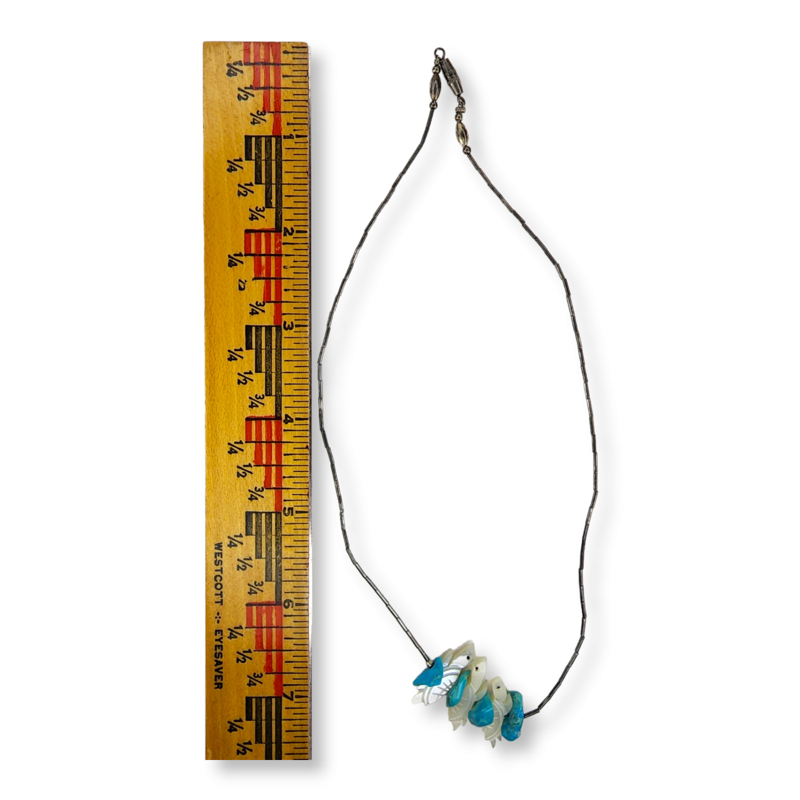Vintage Sterling Silver 925 Liquid Silver Turquoise MOP Turtle Necklace 16.5 In