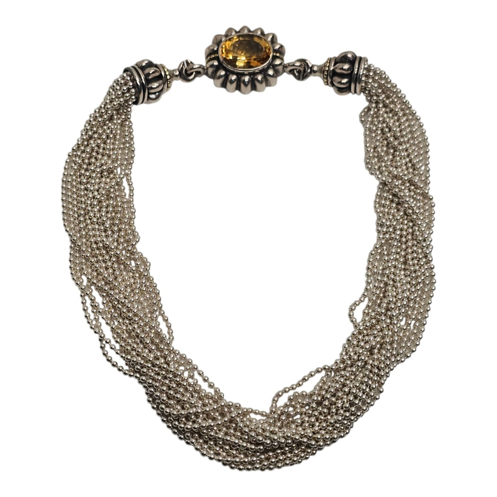 Multi Strand Silver 925 Bead Necklace Amber Glass Front Clasp Statement 17.5 in