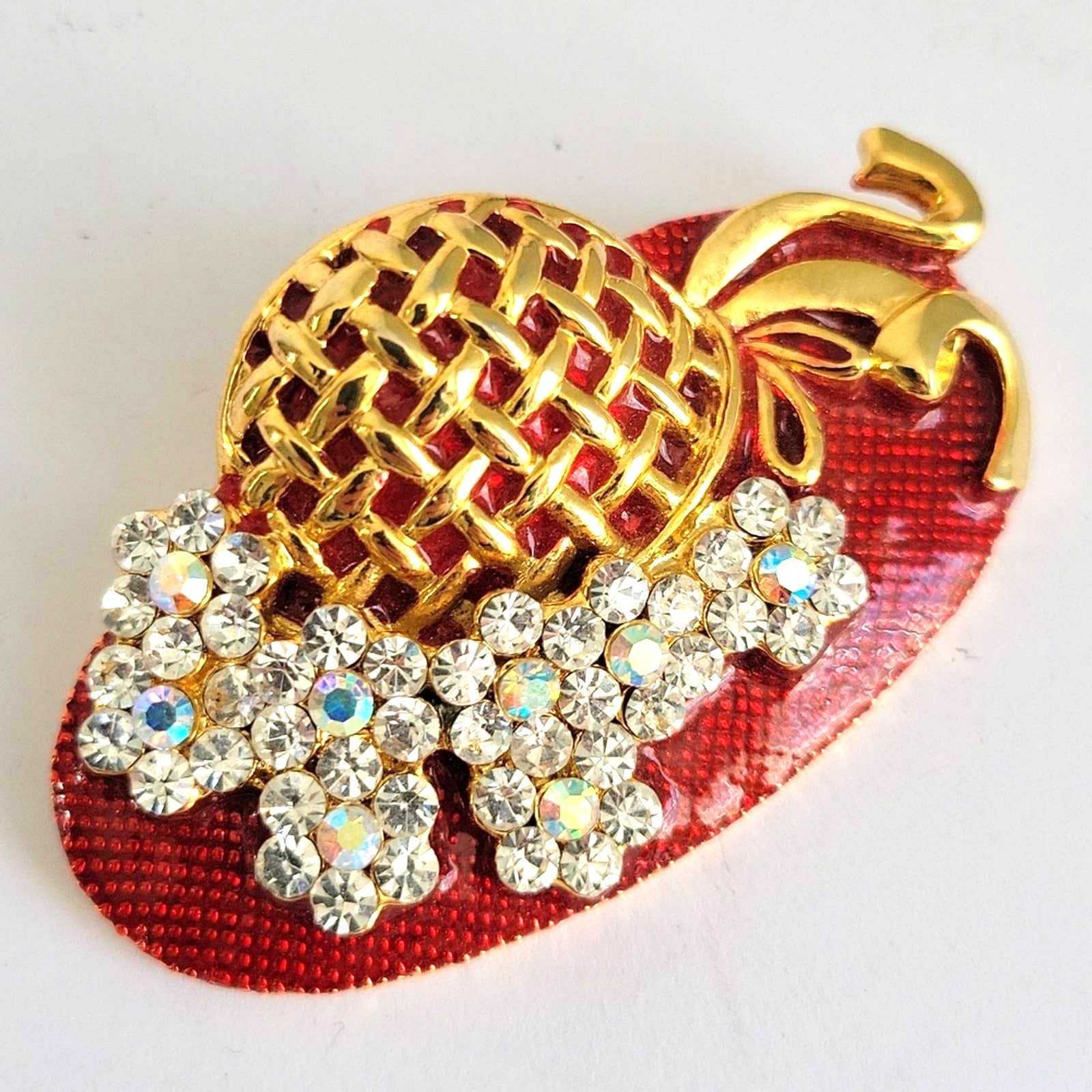 Vintage Brooch Red Enameled Hat Gold Tone Floral Rhinestone Cluster Grandmacore
