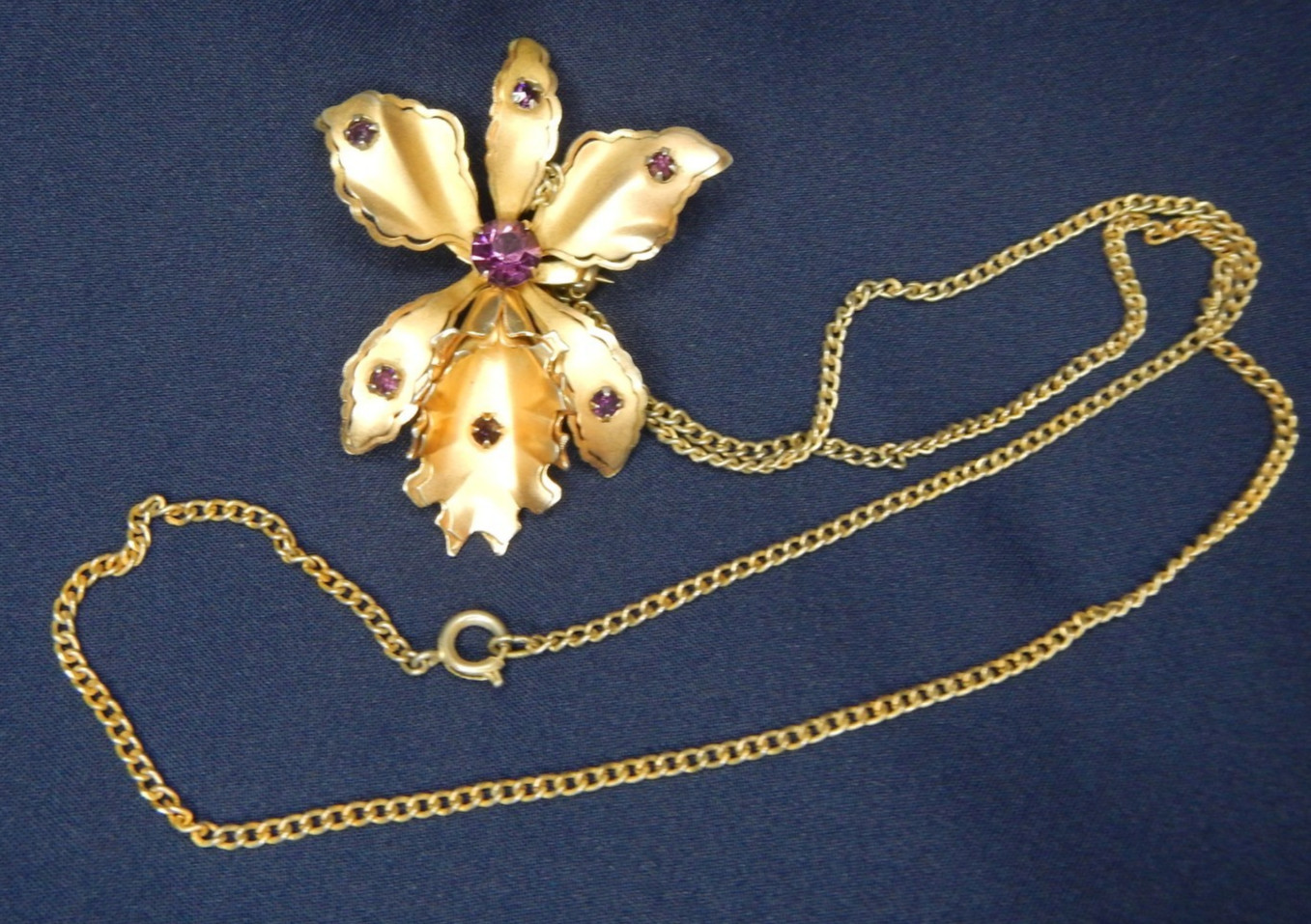 Bugbee and Niles Gold Tone and Purple Rhinestones Orchid Brooch Necklace
