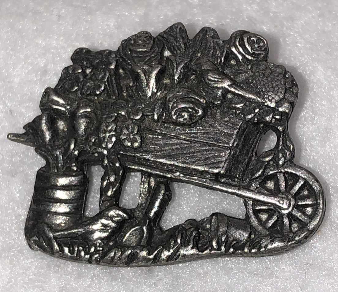 Wheelbarrow Cart With Roses Birds And Blooms Pin Brooch Garden Lim Ed Vtg 2001